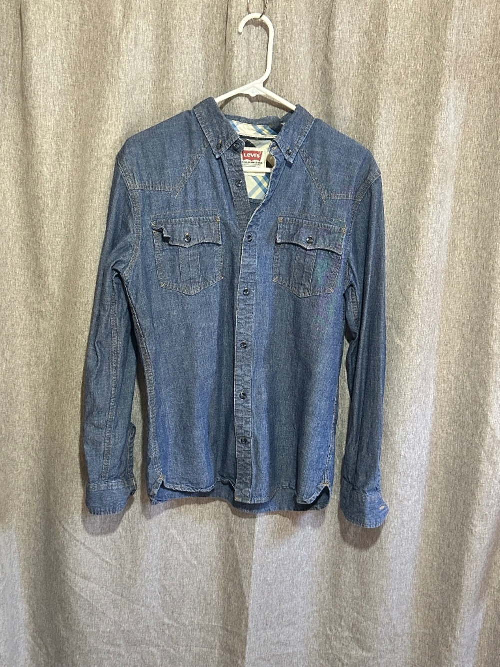 Levi’s Denim Western Pearl Snap Shirt Medium Wash Plaid Trim Mens Small